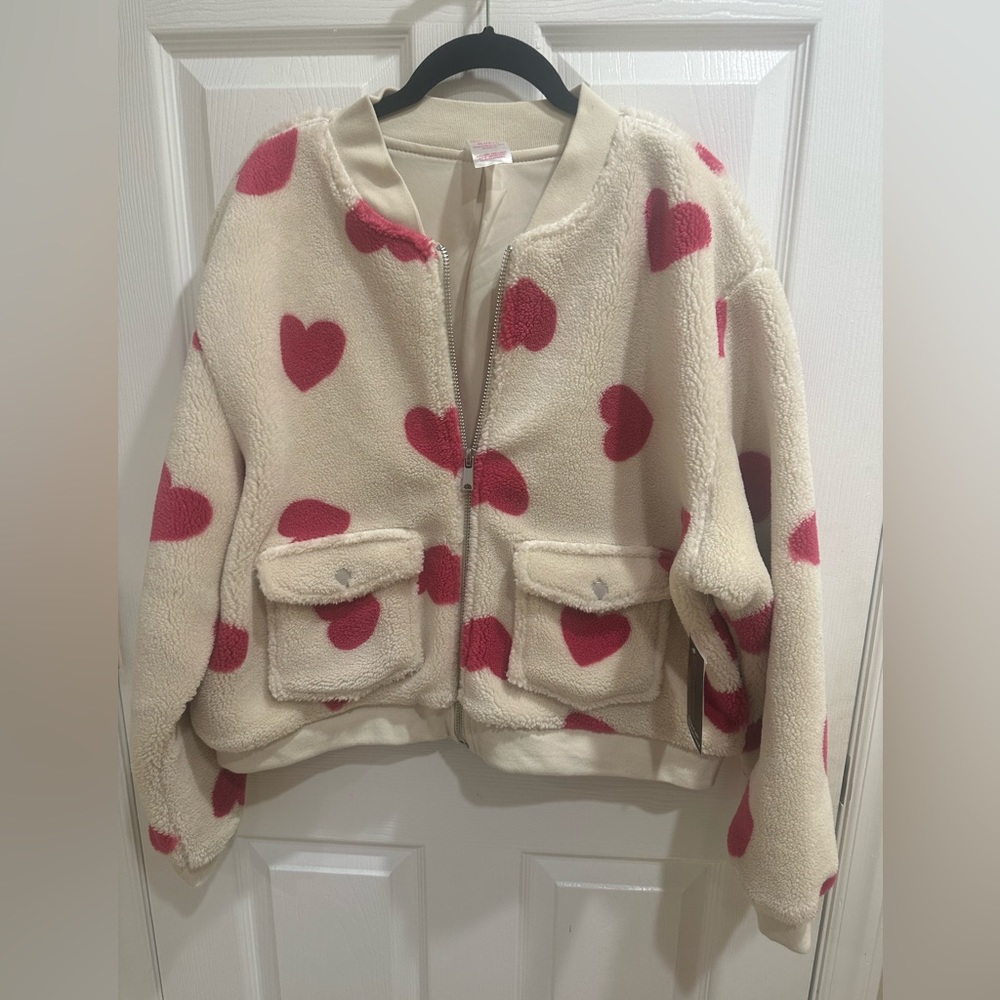 Valentine’s (Juniors) Heart Print Fleece Bomber Jacket New Size 15-17 XL